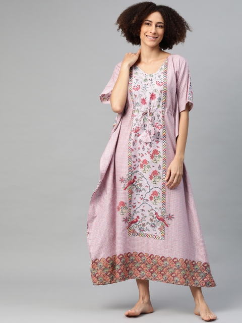 

Cottinfab Women Lavender & Green Printed Pure Cotton Kaftan Maxi Nightdress