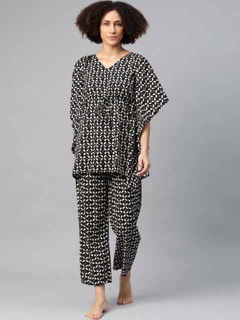 

Cottinfab Women Black & Cream-Coloured Printed Night suit