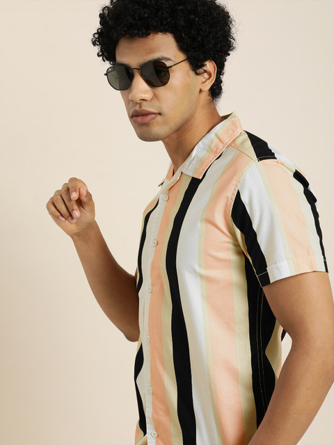 

Moda Rapido Men Peach-Coloured & White Slim Fit Opaque Striped Casual Shirt