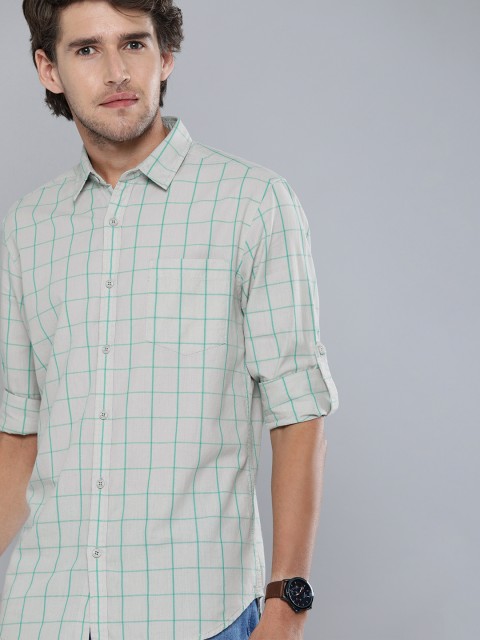 

HERE&NOW Men Grey & Sea Green Pure Cotton Checked Casual Shirt