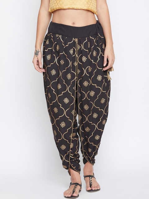 

9rasa Women Black & Gold Hand Block Printed Crepe Dhoti Pants