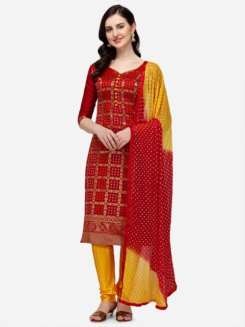 

RAJGRANTH Red & Yellow Unstitched Dress Material