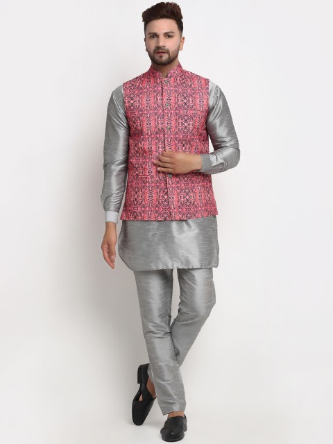 

Benstoke Men Grey Dupion Silk Kurta Pyjama With Nehru Jacket