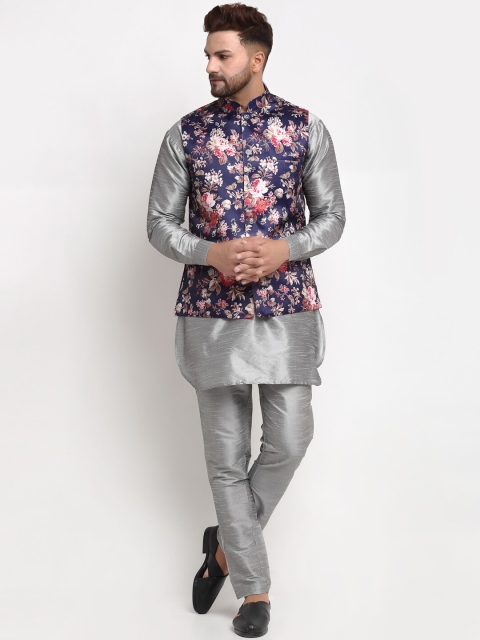 

Benstoke Men Grey Floral Printed Dupion Silk Kurta Pyjamas with Nehru Jacket