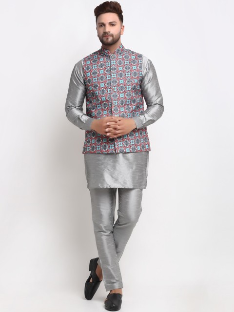 

Benstoke Men Grey Melange Dupion Silk Kurta Set With Nehru Jacket