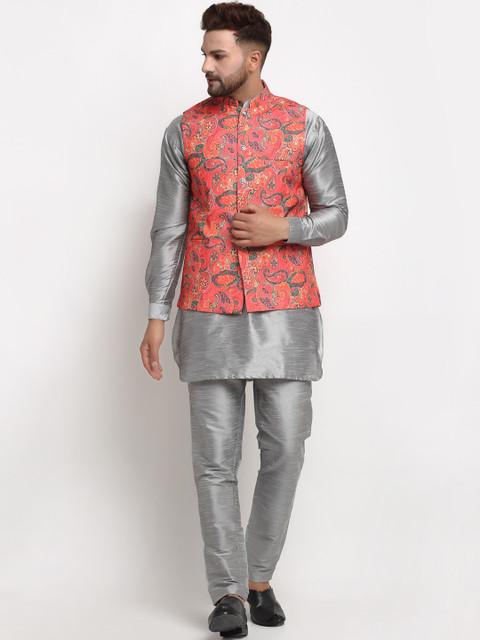 

Benstoke Men Grey Dupion Silk Kurta with Trousers & Nehru Jacket