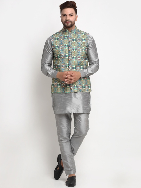 

Benstoke Men Grey Dupion Silk Kurta with Pyjamas & Nehru Jacket