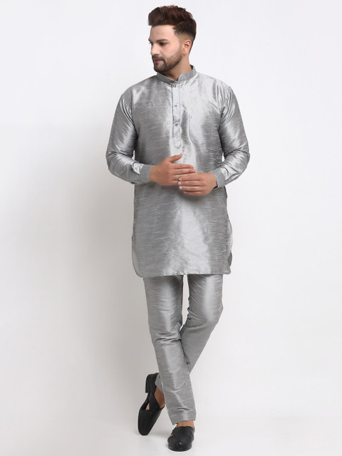 

Benstoke Men Grey Dupion Silk Kurta with Churidar & Nehru Jacket