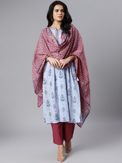 

QOMN Women Blue Floral Printed Angrakha Pure Cotton Kurta with Trousers & Dupatta