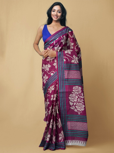 

Unnati Silks Magenta & White Floral Pure Cotton Kovai Saree