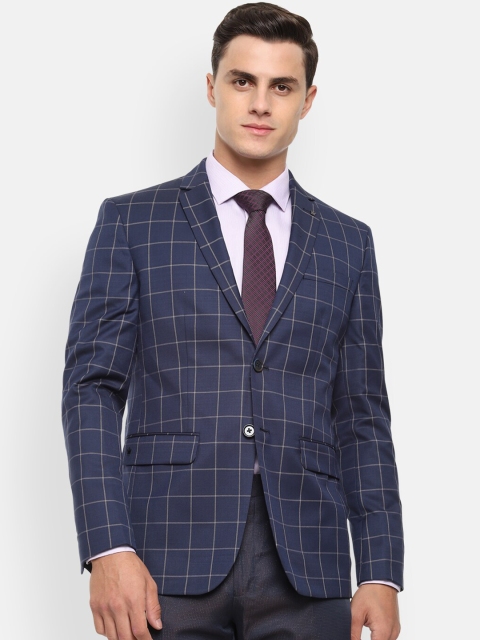 

Louis Philippe Men Navy Blue & White Checked Slim-Fit Single-Breasted Formal Blazer