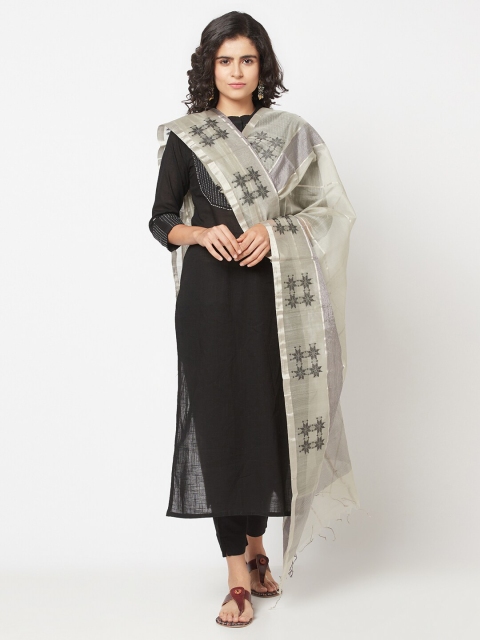 

Fabindia Grey & Silver-Toned Striped Cotton Silk Dupatta with Zari