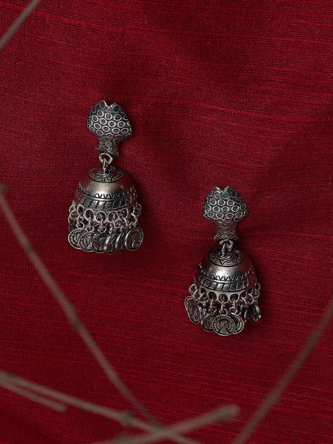 

ZeroKaata Tribal Fish Shaped Jhumka Earrings With Hanging Coins, Silver