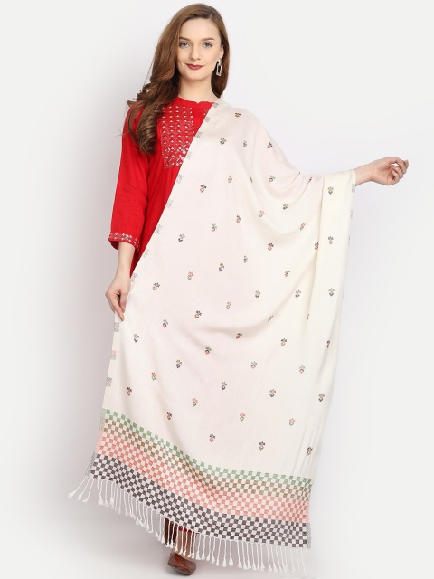 

HK colours of fashion Women Off White & Brown Embroidered Woolen Shawl