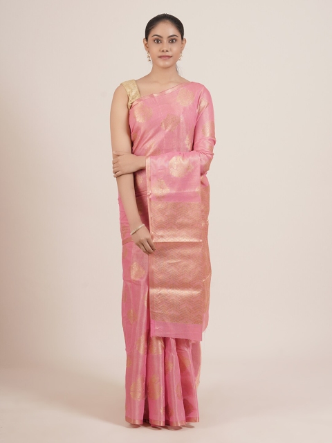 

Pothys Women Pink & Golden Embroidered Ethnic Motifs Tissue Saree