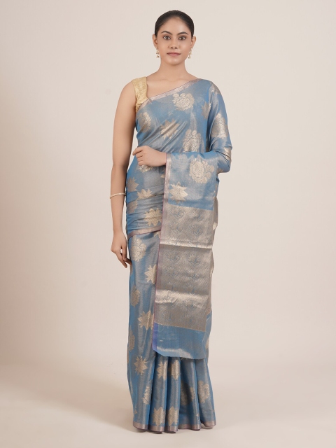 

Pothys Blue & Gold-Toned Ethnic Motifs Zari Tissue Saree