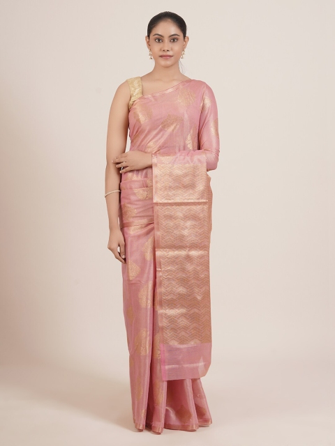 

Pothys Pink & Gold-Toned Floral Zari Tissue Saree