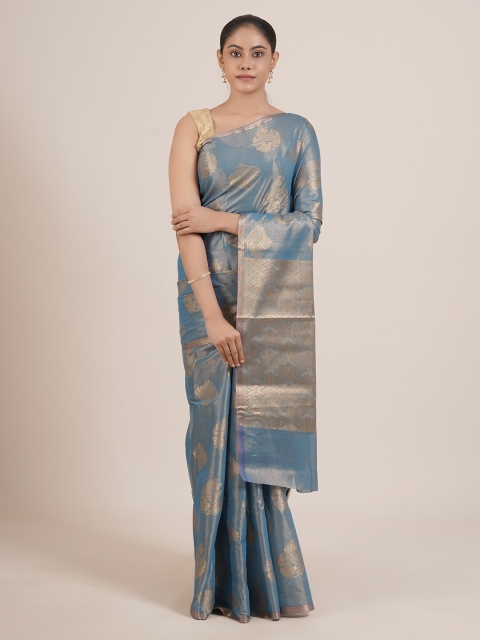 

Pothys Blue & Gold-Toned Floral Zari Tissue Saree