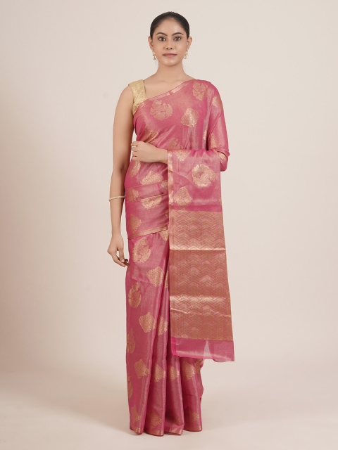 

Pothys Women Pink & Golden Embroidered Ethnic Motifs Tissue Saree