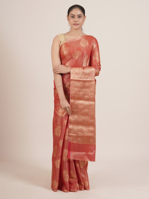 

Pothys Rust Orange & Golden Ethnic Motifs Zari Tissue Saree