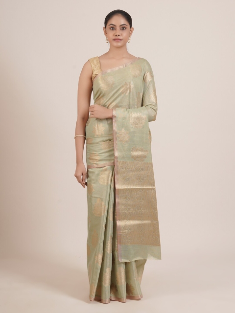 

Pothys Green & Gold-Toned Floral Zari Tissue Saree