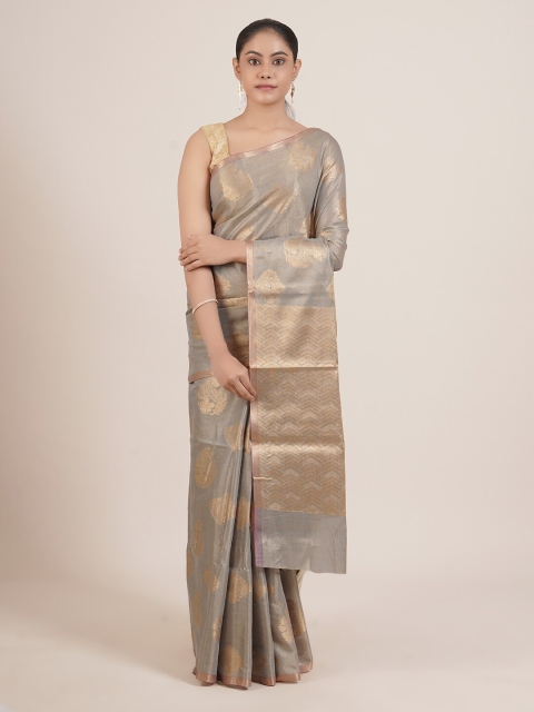 

Pothys Grey & Gold-Toned Ethnic Motifs Zari Tissue Saree