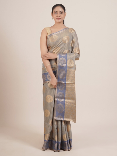 

Pothys Grey & Gold-Toned Floral Zari Tissue Saree