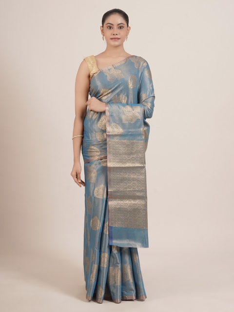 

Pothys Blue & Gold-Toned Floral Zari Tissue Saree