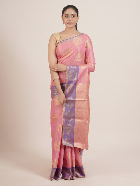 

Pothys Pink & Gold-Toned Ethnic Motifs Zari Tissue Saree