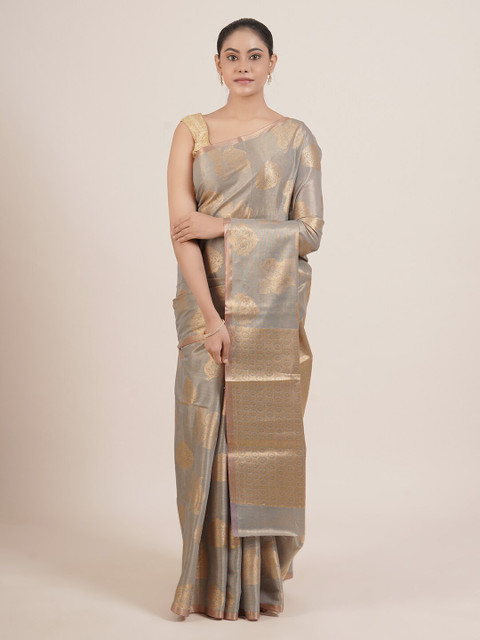 

Pothys Grey & Gold-Toned Floral Zari Tissue Saree