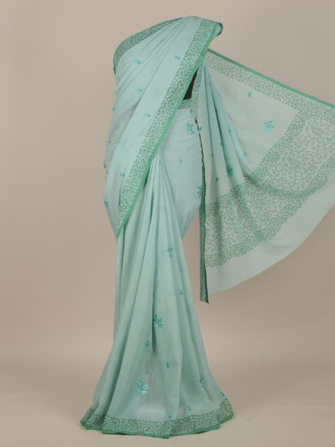 

Pothys Blue & Green Floral Embroidered Poly Georgette Saree