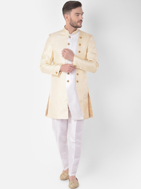

SG RAJASAHAB Men Cream & White Self Design Sherwani Set