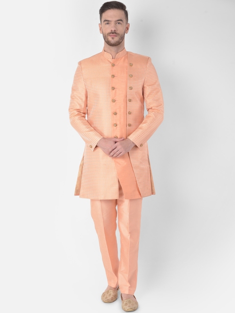 

SG RAJASAHAB Men Peach-Coloured Self-Design Sherwani Set