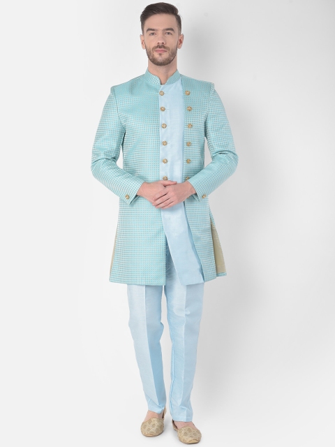 

SG RAJASAHAB Men Turquoise Blue Self-Design Sherwani Set