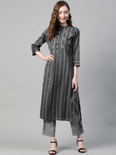 

PIROH Women Charcoal Grey Printed Thread Work Pure Cotton Kurta with Trousers