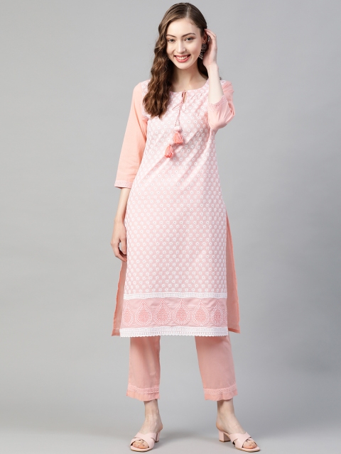 

PIROH Women Pink & White Ethnic Motifs Embroidered Pure Cotton Kurta with Trousers