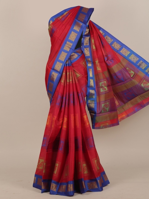 

Pothys Women Red & Blue Embroidered Ethnic Motifs Cotton Blend Saree