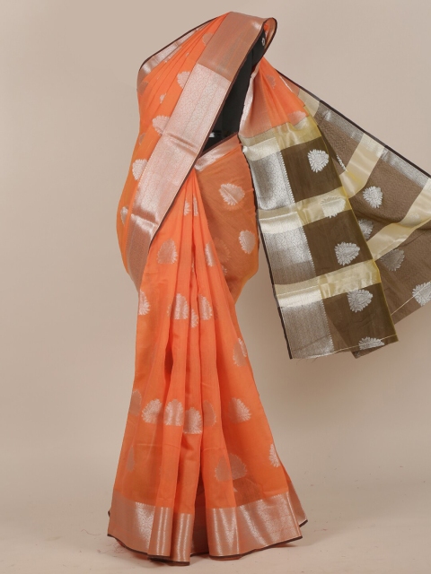 

Pothys Orange & Golden Cotton Blend Zari Saree