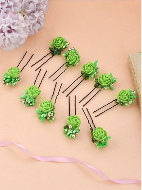 

Silvermerc Designs Women Green Set of 10 Embellished Hair Accessory