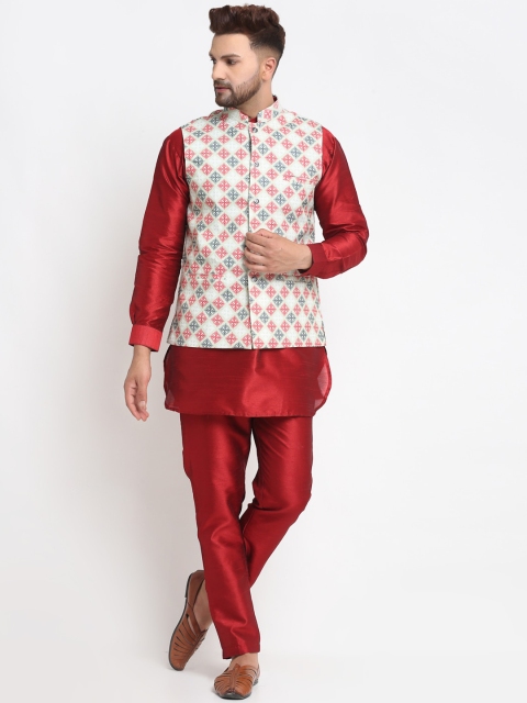 

Benstoke Men Maroon Ethnic Motif Dupion Silk Kurta with Pyjamas & Nehru jacket