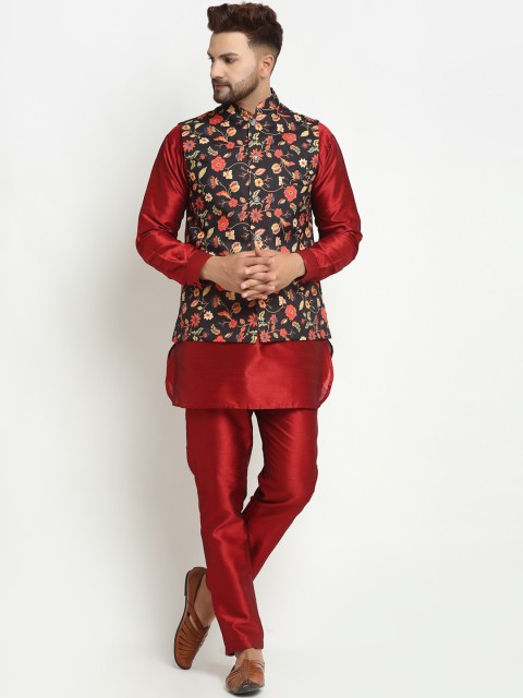 

Benstoke Men Maroon Dupion Silk Kurta Pyjama wirh Nehru Jacket