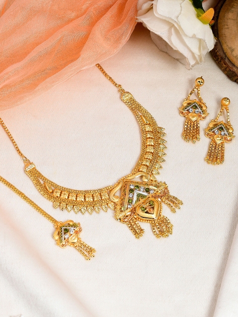 

Silvermerc Designs Women Gold-Plated White Stone-Studded Temple Jewellery Set