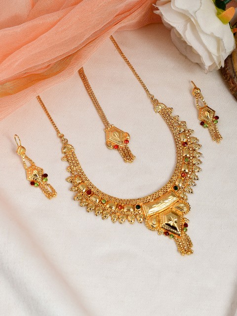 

Silvermerc Designs Gold-Plated Pink & Green Stone-Studded Karnika Jewellery Set