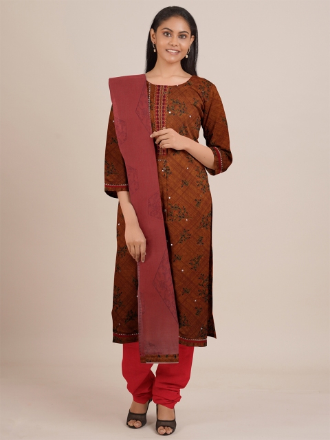 

Pothys Mustard & Brown Printed Unstitched Dress Material