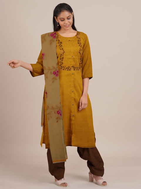 

Pothys Yellow & Brown Embroidered Unstitched Dress Material