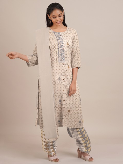 

Pothys Cream-Coloured & Grey Unstitched Dress Material