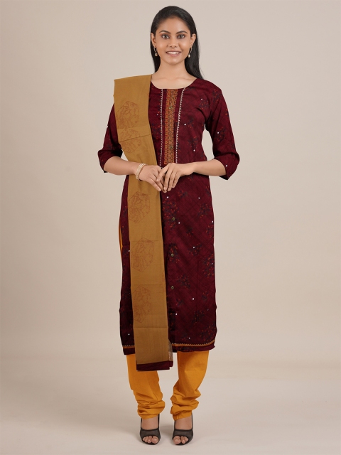

Pothys Maroon & Yellow Printed Unstitched Dress Material