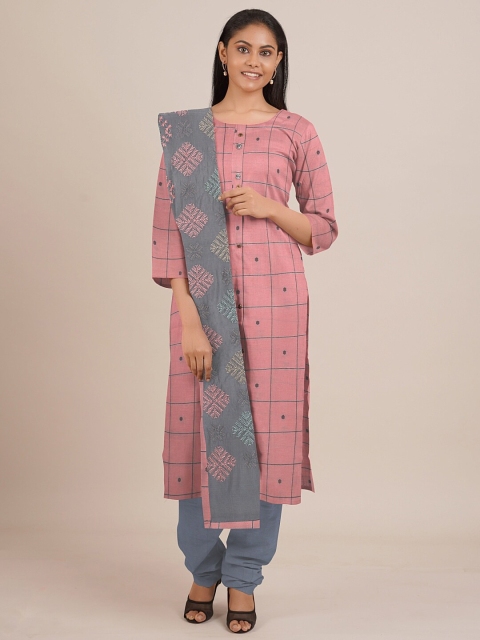 

Pothys Peach-Coloured & Grey Printed Unstitched Dress Material
