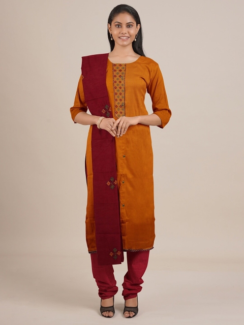 

Pothys Yellow & Maroon Embroidered Unstitched Dress Material