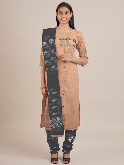 

Pothys Cream-Coloured & Grey Embroidered Unstitched Dress Material